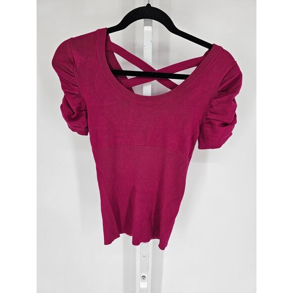 Say What? Pink Cotton Blend Puff Sleeve Criss-Cross Back Knitted Top Size M - Picture 1 of 4